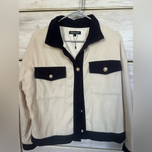Shein Navy and Cream Women's Jacket with Faux Pearl Buttons - Picture 1 of 2